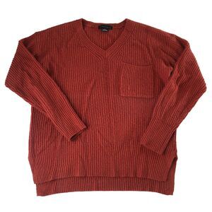 SANCTUARY Rust Red Knit V-Neck Sweater Pocket Pullover Split Hem Size Medium